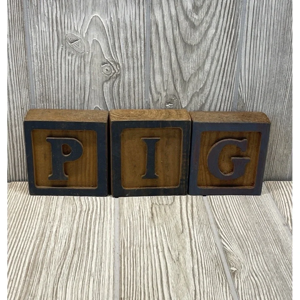 Vintage PIG Primitive Handmade Blocks Jumbo Wooden Set Of 3 Letters P, I, G 3.5